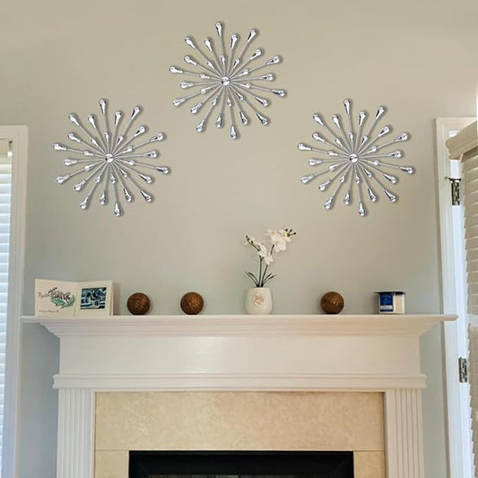 DXYAKY Set of 3 Silver Starburst Metal Wall Art Decor, 11.8 Inch Sparkling Diamond Star Jeweled Teardrop, Elegant Rhinestone Crystal Home Decor Accents, Living Room Bedroom Decorative Wall Sculpture