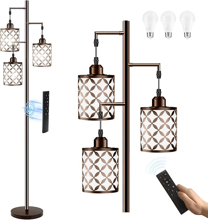 Dimmable Floor Lamp, Farmhouse Standing Lamp with Elegant Metal Cage, Industrial Tall Tree Floor Lamps for Living Room, Bedroom, Study Room, Office, 3 x 800LM LED Bulbs Included, 72", Brown
