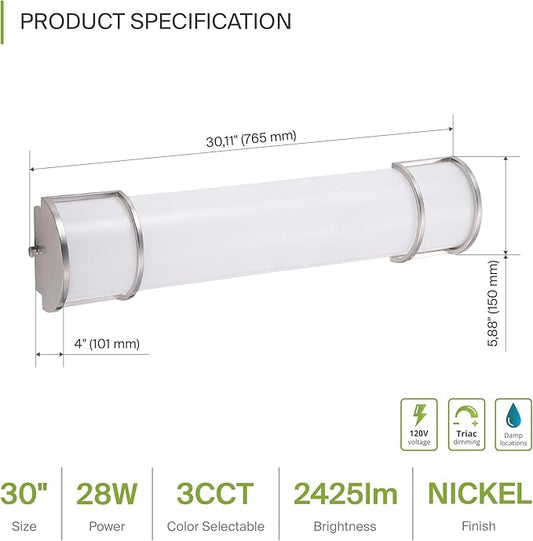 ASD LED 30" Vanity Flush Mount Light Fixture, Linear Bathroom Lighting Bar | 3CCT, Dimmable, Energy Star, ETL Listed | 28W 2425LM 3000-5000K 120V | Long Bath Wall Sconce Over Mirror | Nickel
