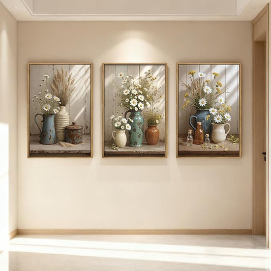ANHUIB Vintage Wildflower Botanical Canvas Wall Art Framed Rustic Farmhouse Floral Pictures Wall Decor Country Daisy Painting 16x24 Inch Flower Set of 3 for Living Room Bedroom Office