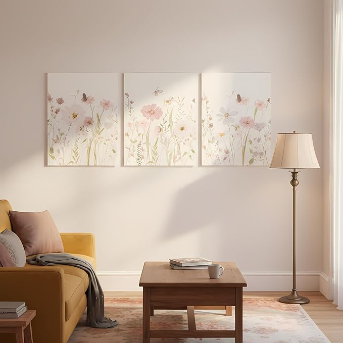 Yxjyzzkx Floral Canvas Wall Art Set of 3, Botanical Triptych Canvas Prints Wall Decor, Soft Pastel Flower Painting for Living Room Bedroom Bathroom, Waterproof Fade Resistant, 16x12 Inch Each