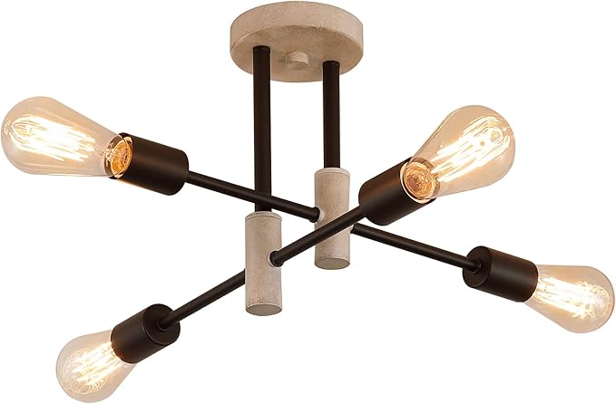 MEIXISUE Farmhouse Ceiling Light Fixtures,Oak+Black,4-Lights Rustic Vintage Metal Sputnik Chandelier for Bedroom Living Room Dining Room Kitchen Entryway Hallway Office UL Listed