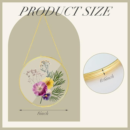 Qunclay 4 Pcs Double Glass Frame for Pressed Flowers Round Hanging Herbarium Floating Flower Press Frame Clear DIY Vintage Artwork Display holder(8 Inch,Gold)