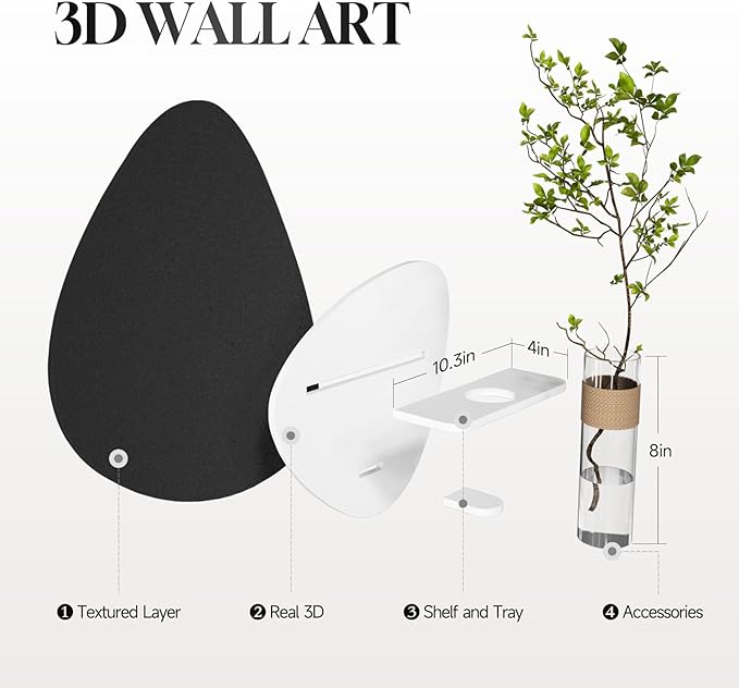 Cuspin 3D Textured Black and White Wall Art with Vase and Shelf, Minimalist Abstract Japandi Paintings Wall Decor, Modern Artwork for Living Room Dining Bedroom Hallway Office Bathroom Home Decor
