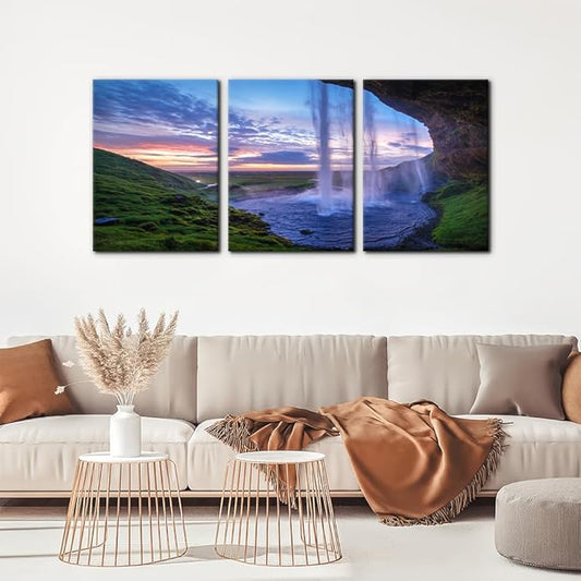 Pacimo Waterfall at Sunset Canvas Wall Art Print Iceland Landscape Painting Framed Wall Art Decor for Living Room Home Decoration 3 Pieces Gallery Wrapped Posters and Prints Ideal Gifts - 12"x16"x3
