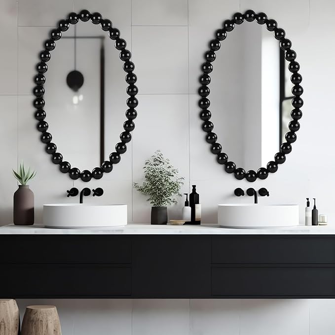Oval Round Wall Mirror - 30 Inch Decorative Framed Bathroom/Living Room Accent Mirror with Beaded Ball Trim - Vintage Modern Style (Black/White/Gold) (Black)