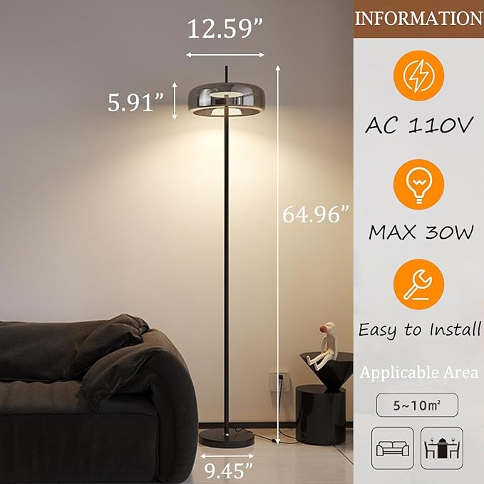 MIXL-Smoky Grey Floor Lamp with Glass Shade,Dimmable Floor Reading Lamp,Mid Century Modern Standing Lamp for Bedroom Living Room and Office