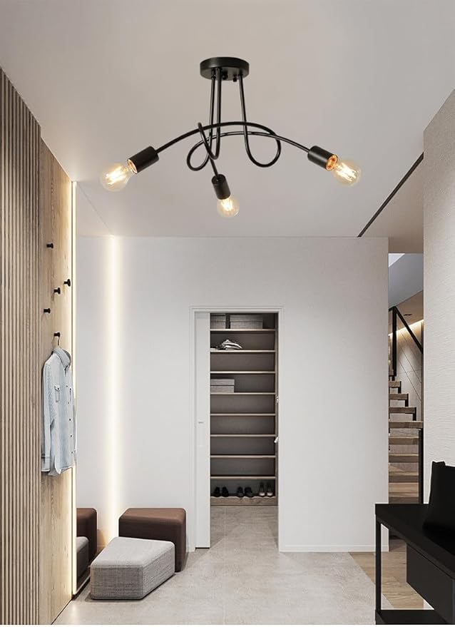Modern Farmhouse Chandelier,22 Inch 3 Light Sputnik Semi Flush Mount Ceiling Light, Metal Black Rustic Light Fixture for Dining Room Bedroom Kitchen Hallway Entryway