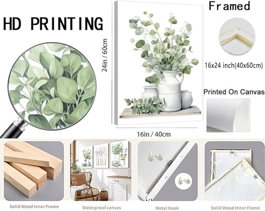 YFvrPt Sage Green Kitchen Wall Art Set of 3, Eucalyptus Leaves Plant Dining Room Painting Wall Decor, Boho Botanical Canvas Poster Print Farmhouse Pictures for Home Decoration Framed 16"x24"