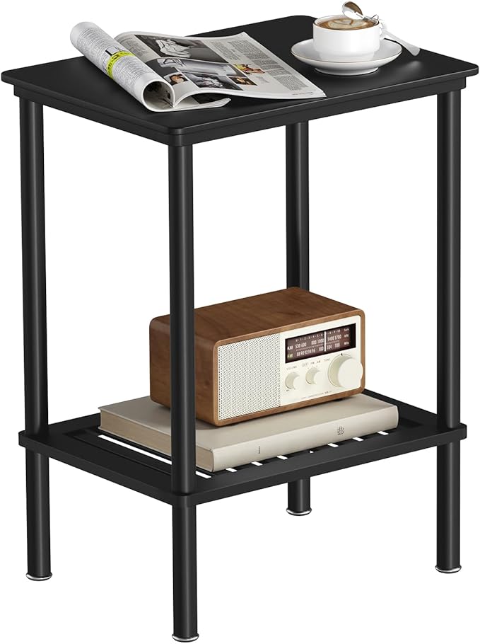 2 Tier Small Side Table, Bedside Table, Narrow Entryway Table, Bamboo End Table with Storage Shelf, Bedroom Nightstand, Mini Accent Table, Small Coffee Table, Plant Stand, Black