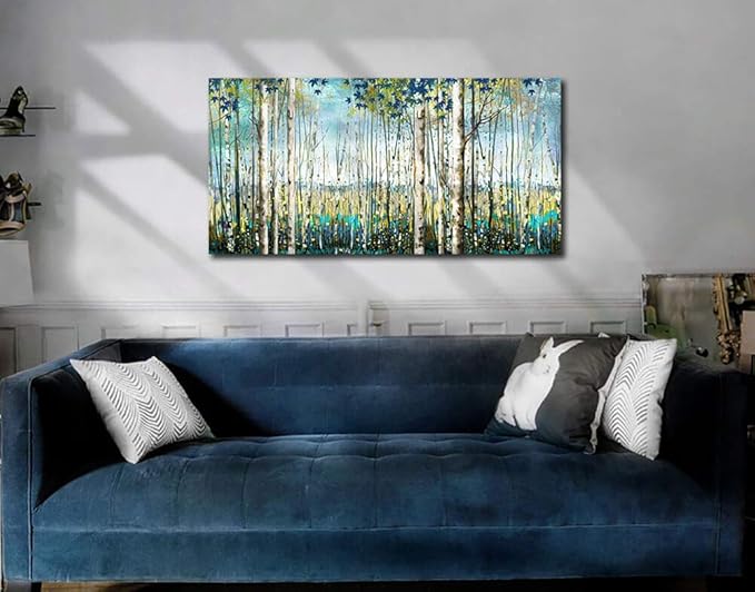 Pogusmavi Large Framed Birch Tree Canvas Wall Art Nature Painting for Home Decor | Teal Artwork for Living Room, Bedroom, and Office Pictures for Living Room 24×48IN