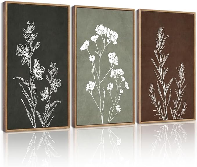 Drsoum Vintage Botanical Flower Boho Framed Wall Art Retro Floral Prints Wildflower Bohemain Neutral Rustic Artwork Kitchen Bedroom Ready to Hang 16x24in Natural Framed