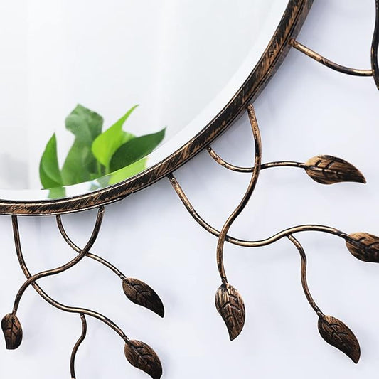 Chende Round Decorative Mirror for Wall Decor, 39" x 39" Large Living Room Mirror with Removable Metal Leaves for Entryway, Home Office, Bedroom,Farmhouse