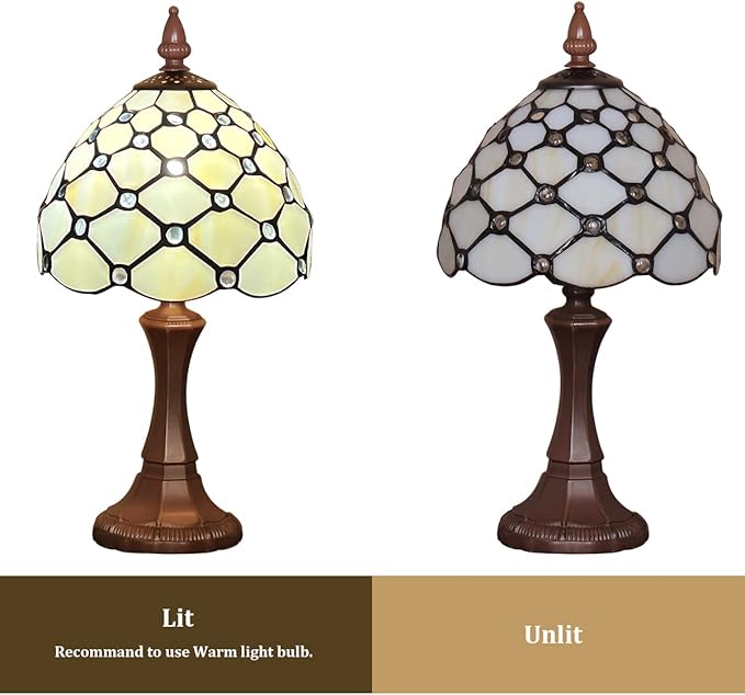 Capulina Tiffany Table Lamp 8 Inches Antique Beige Beads Style Stained Glass Small Desk Lamp Decor for Home Office Bedroom Living Room