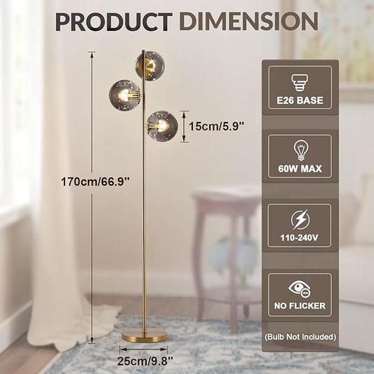 BOKT Mid Century Gold Floor Lamp Modern 3-Light Standing Lamp with Smokey Gary Glass Globe Shade Bright Floor Lamps Office Standing Pole Light for Living Room Bedroom Home Decor…