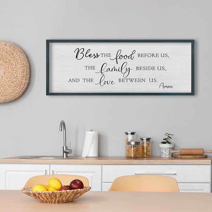 FZMHASLWW Dining Room Wall Decor Christian Blessing Bless the Food Family Love Bible Verse Sign 32"×12" Farmhouse Scripture Prayer for Religious Kitchen Rustic Framed Wall Hanging Art (Black)