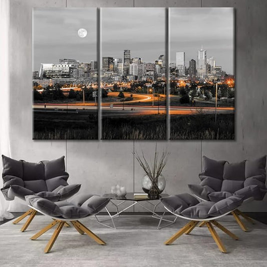 TUMOVO 3 Panel Denver Skyline Office Decor American Cityscape Pictures Black and White Wall Art Nighttime Skyscrapers Lightscape Artwork Posters and Prints Framed Ready to Hang (60" Wx40 H)