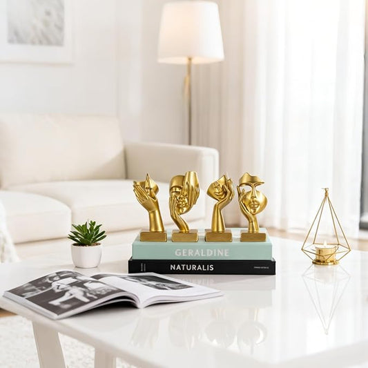 Gold Abstract Thinker Figurine Set of 4, Home Art Face Small Statue for Accents Decor Women Bedroom Shelf Bookcase Room Desk, TV Stand, Coffee Table Decor, Art Sculpture Gifts for Women (Gold)