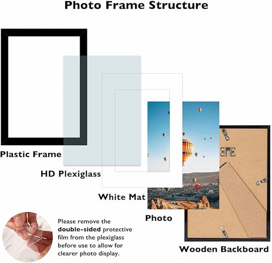 JCJMY 5.8x8.3 A5 Picture Frame Set of 6 Black with 4x6 Mat for Wall Hanging or Tabletop, Display Photo 4x6 with Mat or 5.8 x 8.3 Without Mat, Wall Poster Photo Frame with Plexiglass, 6 Pack, Black