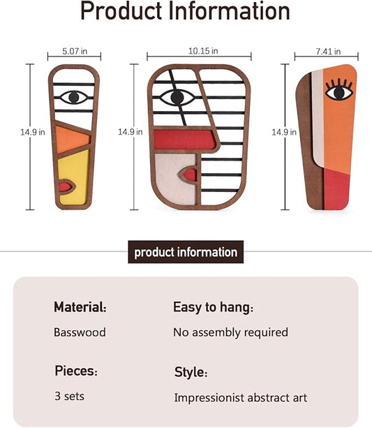 LIFVEAN Abstract Wood Picasso Wall Art Decor - Large Size Modern Minimalism Mask Home Wall Decor - Vintage Pop Wall Art for Bedroom Bathroom Living Room, (3 Piece)