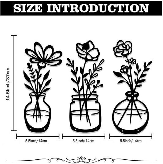 BFORXRO 3 Pieces Metal Flowers Wall Art Decor,Modern Farmhouse Black Wall Decor for New Home Bathroom Kitchen Living Room Bedroom Decoration Vase With Flowers