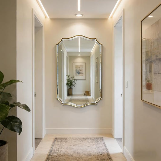POZINO Scalloped Beveled Mirror, 24"x40" Brushed Gold Bathroom Vanity Mirrors for Over Sink, Modern Wavy Rectangle Wall Mirror for Living Room Bedroom Entryway, Horizontal or Vertical Hanging