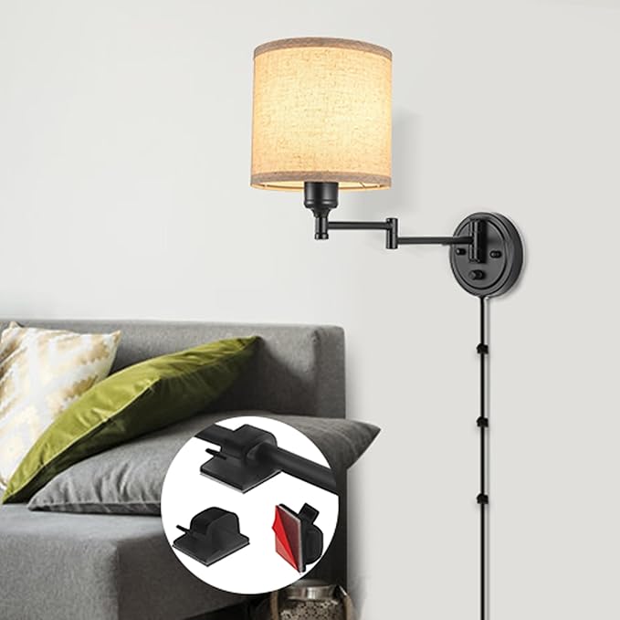 GOODATE ENCOMLI Dimmable Plug in Wall Sconces, Swing Arm Wall Lamp, Wall Sconces Set of Two, Plug in Wall Light, Sconces Wall Decor Set of 2, Linen Fabric Shade, 2pcs Bulbs Included
