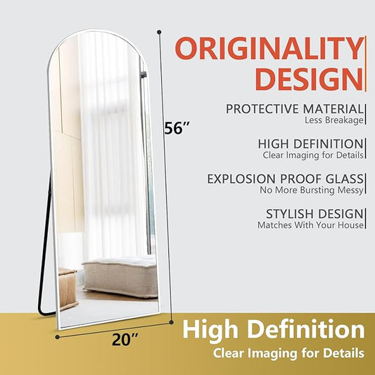 Rowjut Floor Mirror Arched Mirror Full Length 56"X20"Full Length Mirror can be Free Standing or Hanging on The Wall Used in Living Room Entrance Hall Corridor Room Bathroom etc (White