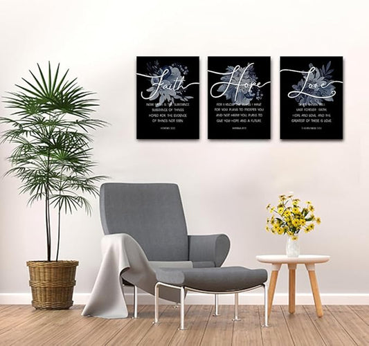 Faith, Hope & Love Bible Verse Inspirational Wall Art, Christian Canvas, A Great Religious Decor Gift for Living Room & Bedroom, (29 x 38cm x 3pcs) Framed (Black)