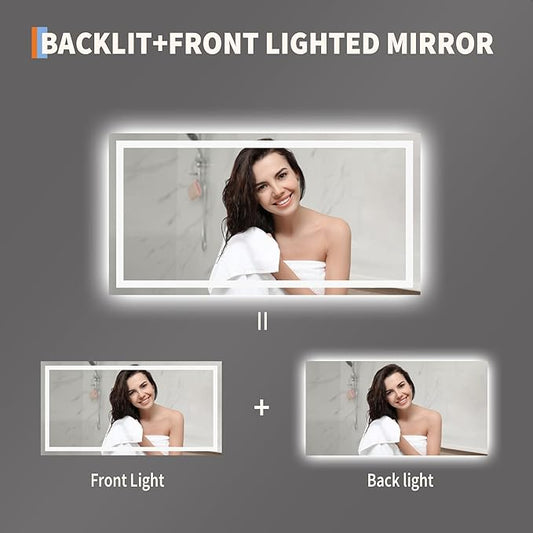 50x26 LED Bathroom Mirror with Lights, Frameless Wall Mounted Vanity Mirror with Front & Backlight, Dimmable Color Temperature, 5mm Copper-Glass, for Bathroom