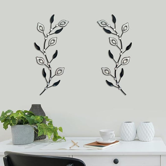 sxnzequnze 2 Sets Leaf Wall Art for Home Metal Bling Rhinestones Ready to Hang Tree Branch Leaves Olive Vine Wrought Iron Hanging Sculpture Pieces Wall Decor Pcs - 16.5in