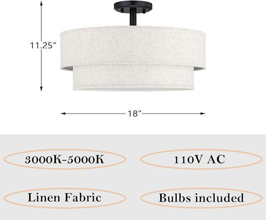 18 Inch LED 24W Adjustable 3000/4000/5000 Black Double Drum Linen Fabric Shade Semi Flush Mount Close to Ceiling Light Fixture for Bedroom,Living Room,Dining Room Hallway