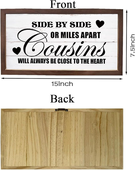 Family Wall Art, Rustic Farmhouse Home Decor for Living Room, Long Distance Gift for Cousins, Wooden Framed Wall Decor, Cousins Will Always Be Close To The Heart Sign, 15×7.5×0.3 inches