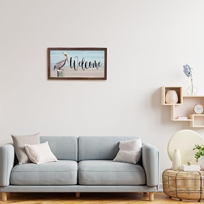 Pelican Welcome Sign, Framed Wood Signs, Welcome Sign for Farmhouse Porch Wall, Front Door Decors for Home, Rustic Hanging Decor, Wooden Framed Wall Decor 15×7.5×0.3 inches