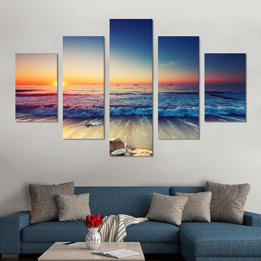 Beautiful Enlarge 5 Piece Sunset Beach Waves Landscape Artwork Pictures Painting on Canvas Wall Art for Living Room Prints and Posters for Home Decorations Wall Decor Set Framed (60’’W x 40’’H)