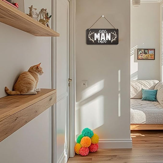 Little Man Cave Sign Door Wall Art Decor, Vintage Little Man Cave Antlers Wooden Wall Decoration, Rustic Brown Hanging Sign for Bedroom Living Room Front Door