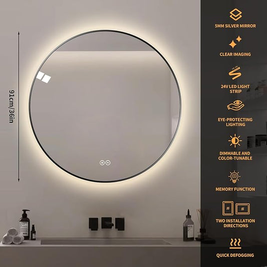 Round LED Bathroom Mirror with Gold Frame, 24V Backlight, 3 Color Temperatures, Dimmable, Memory Function, Defogging (Black Border, 36" L x 36" W)