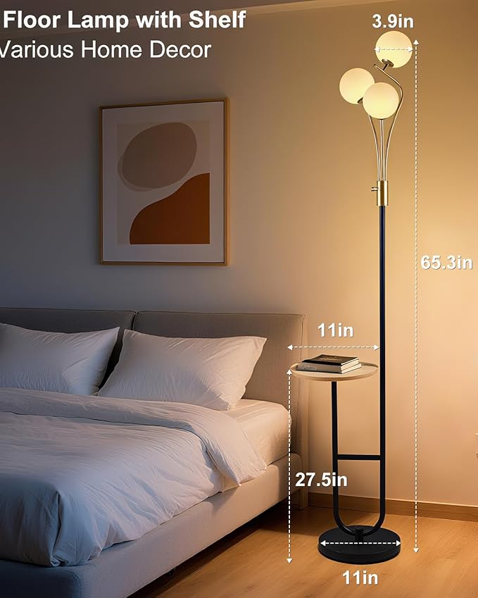 Lightdot Dimmable Gold &Black Floor Lamp with Tray 65IN Mid Century Standing Lamps with Shelf, 3000K Warm White Bulbs Included, Modern Globe Floor Lamp for Living Room/Bedroom/Sofa Beside/Corner Decor