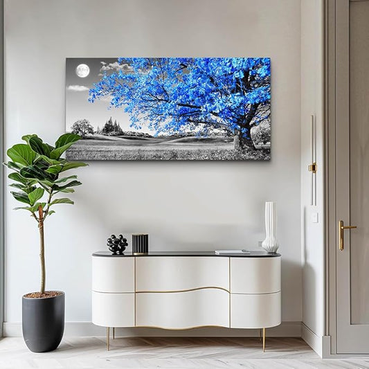 wall art for living room Simple Life Blue moon tree landscape Abstract painting office Wall Decor 24" x 48" single Pieces Canvas Prints Ready to Hang for Home Decoration Black and white Works of art