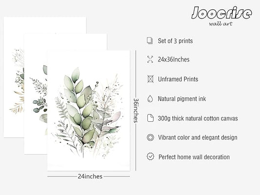 Joocrise Watercolor Botanical Wall Art Set of 3 Boho Floral Canvas Wall Decor Prints Sage Green Wildflower Wall Art Modern Flower Pictures Botanical Painting for Bedroom Bathroom 24x36 Inch Unframed