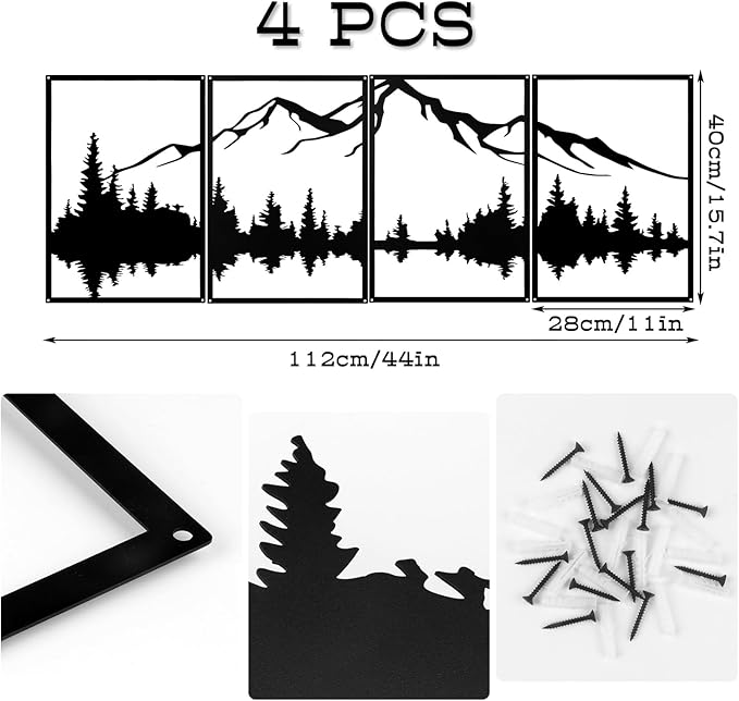 YIYA 4 Pcs Mountain Metal Wall Art - Large Forest Decorative Black Metal Wall Decor - Vertical Wall Sculptures for Home, Living Room, Bedroom (landscape-2)