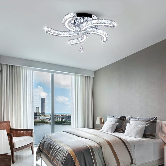 Modern Crystal Chandeliers Acrylic Crystal Led Ceiling Light Fixtures Arm Pendant Lighting Stainless Steel Ceiling Lamp Hanging Lights for Living Room Dining Room Bedroom (Cold White)