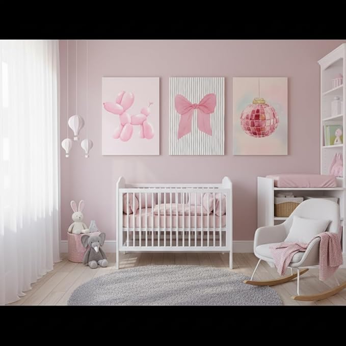 Yxjyzzkx Pink Cute Wall Art Set of 3 – Aesthetic Canvas Prints for Girls Room, Nursery & Kids Bedroom, Pink Bow Balloon Dog Chandelier Artwork, Modern Kawaii Wall Decor