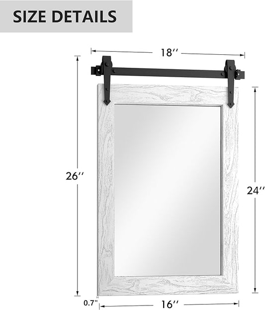 Bathroom Mirror for Over Sink 18”x24” Farmhouse Barn Door Mirror Rustic Wood Framed Wall Mirror for Bathroom, Bedroom, Entryway (White