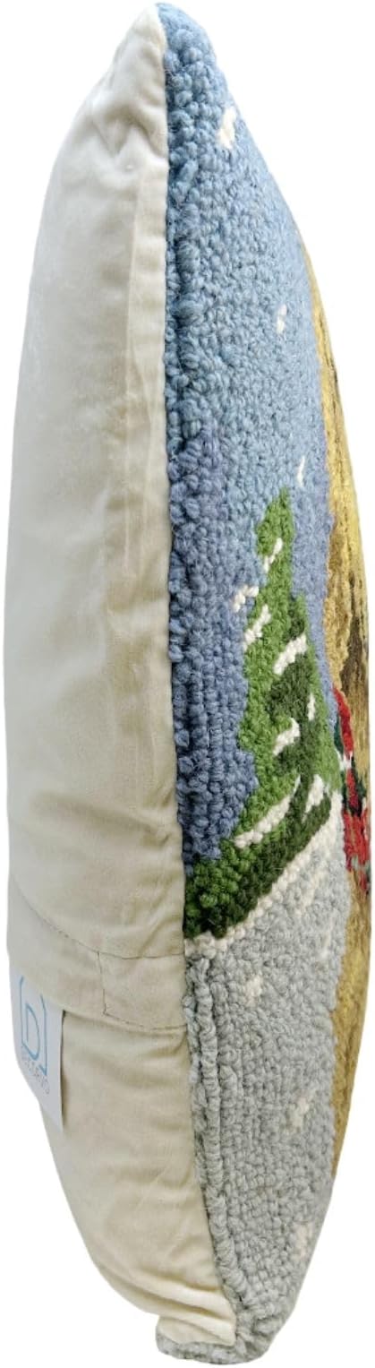 Hand Hooked Christmas Pillow - 16X16 inches Throw Pillow for Couch or Dorm (Golden Retriever)