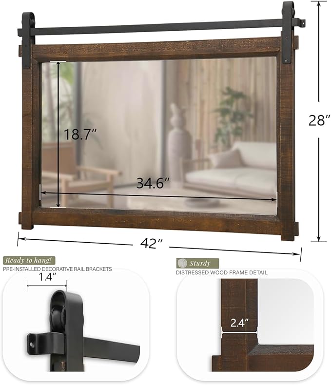 Besdomus Large Bathroom Rustic Mirror: 42"x28" Brown Barn Door Farmhouse Solid Cedar Wood Frame - Wall Decorative Mirror for Bedroom/Entryway/Bathroom - Modern Rustic Decor for Fashion-Conscious
