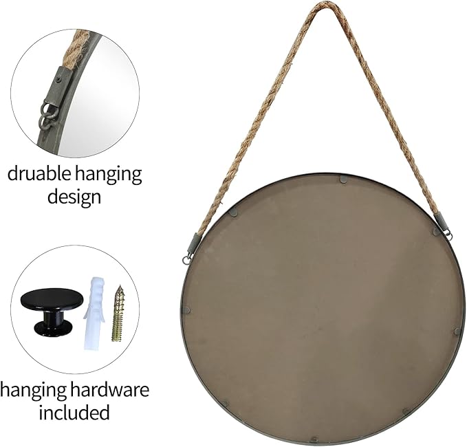 POZINO Round Mirror, 24 Inch Circle Wall Mirrors, Hanging Mirror with Rope, Farmhouse Mirrors for Bathroom Bedroom Living Room Entryway Home Decor, Grey