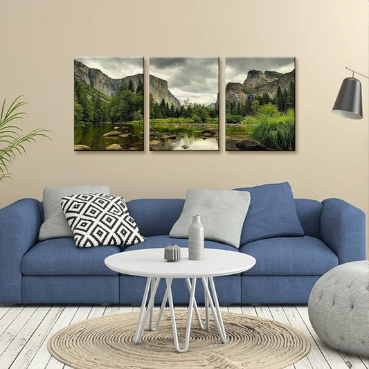 Yosemite National Park Canvas Wall Art Decor 3 Pieces Landscape Wall Art Clear Water Lake Mountain Pictures Painting Prints on Canvas Modern Decoration Stretched Framed Ready to Hang - 12"x16"x3 Panel