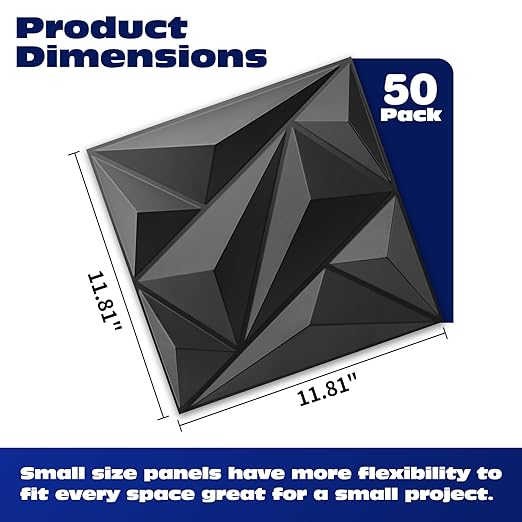 Art3dwallpanels 50 Pack 3D Wall Panel Diamond for Interior Wall Décor, PVC Flower Textured Wall Panels for Living Room Lobby Bedroom Hotel Office, Black, 12''x12''