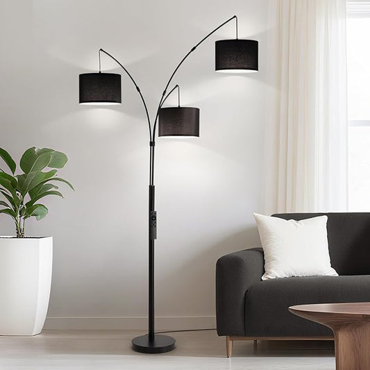 Floor lamp with Remote, 3 Light Arc Floor Lamps for Living Room, 2400LM Tall Standing Floor Lamps with Black Shades, 80" Large Floor Lamp for Bedroom, Office